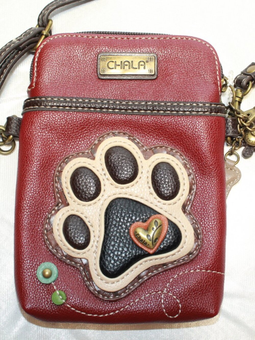 Chala Maroon Faux Leather Ivory & Brown Paw Print Small Crossbody Bag